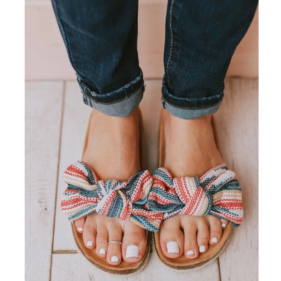 Multi Colored Slip On Linen Fabric Bow Sandals - Picture 2 of 11